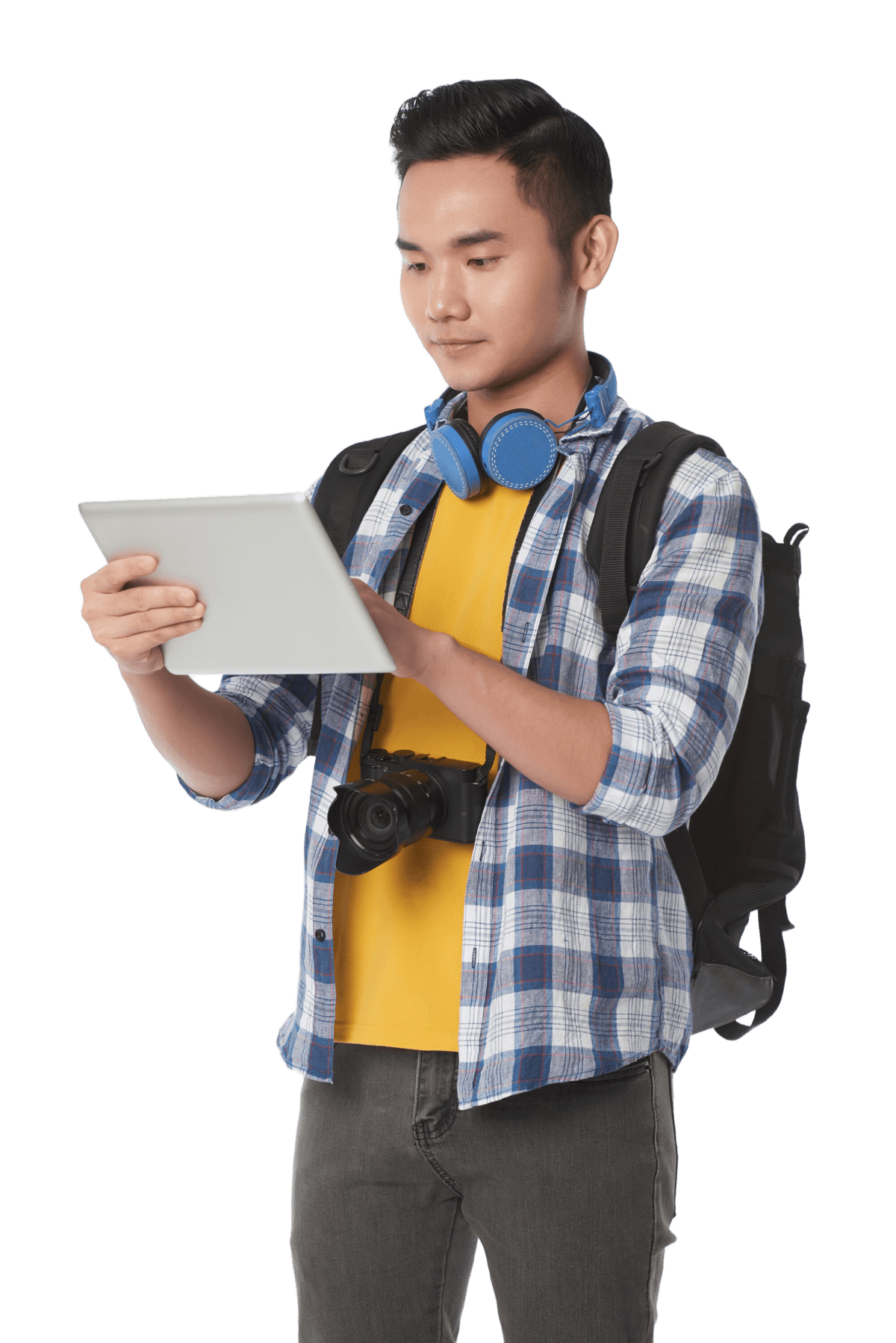 A smiling student holding books outside a university, symbolizing global educational opportunities.